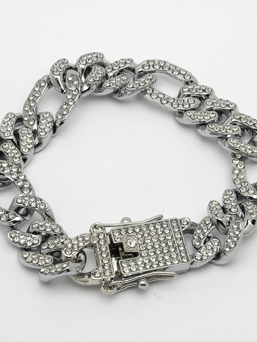 Men's Silver-Plated Stainless Steel American Diamond Studded Link Bracelet