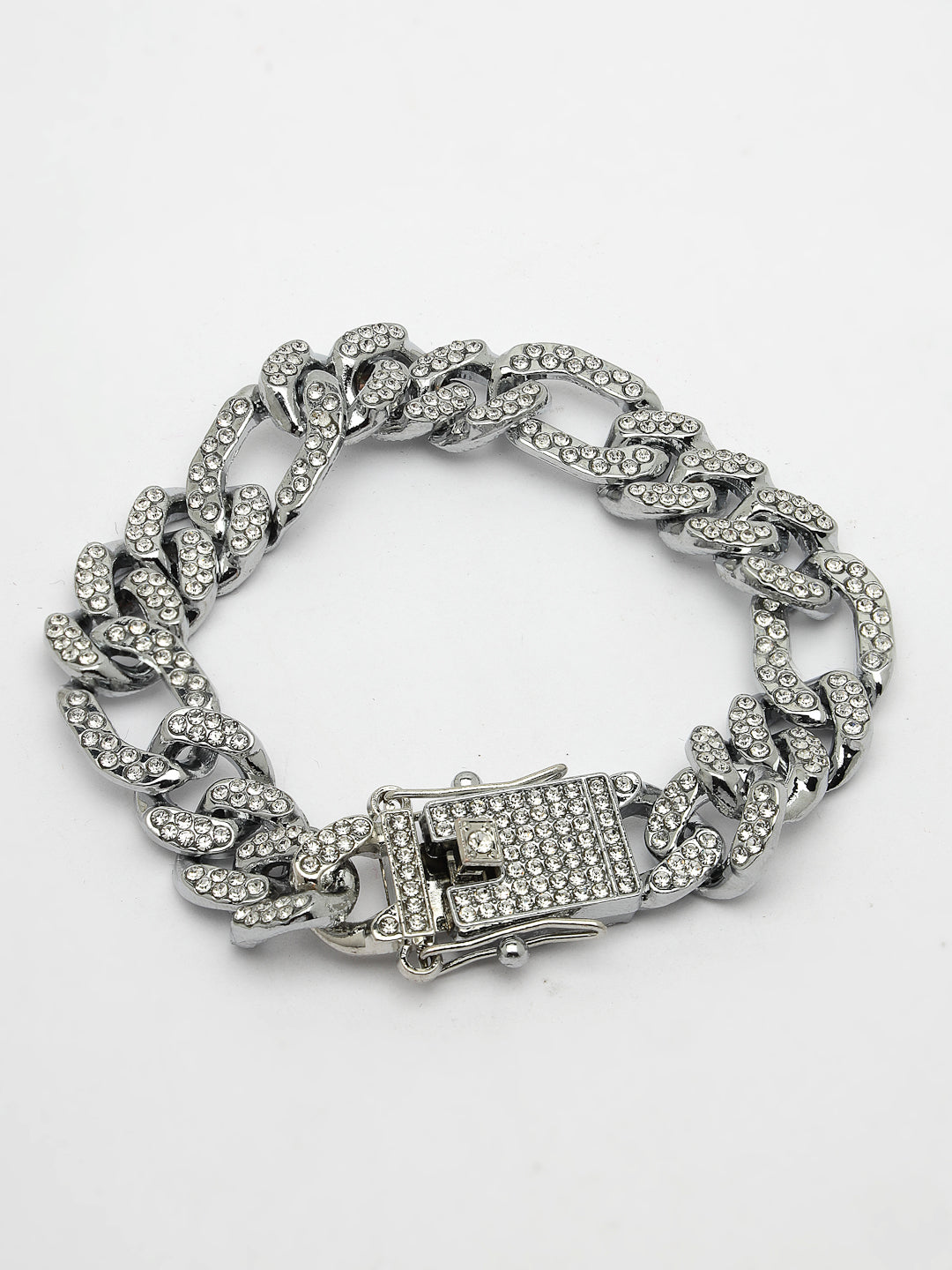 Men's Silver-Plated Stainless Steel American Diamond Studded Link Bracelet
