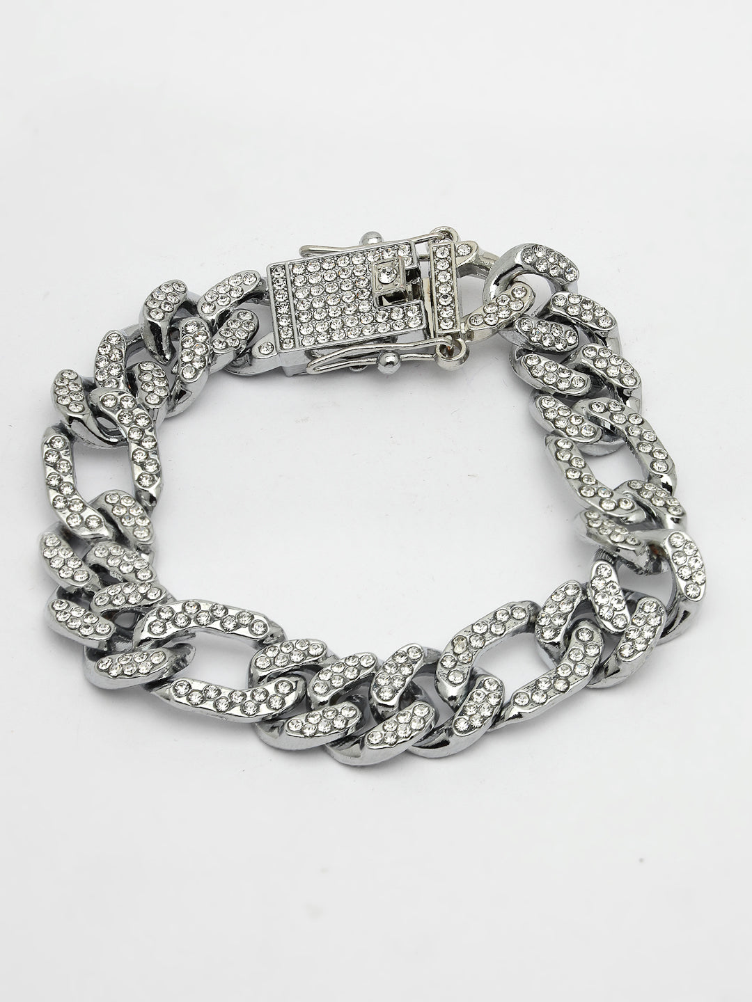 Men's Silver-Plated Stainless Steel American Diamond Studded Link Bracelet