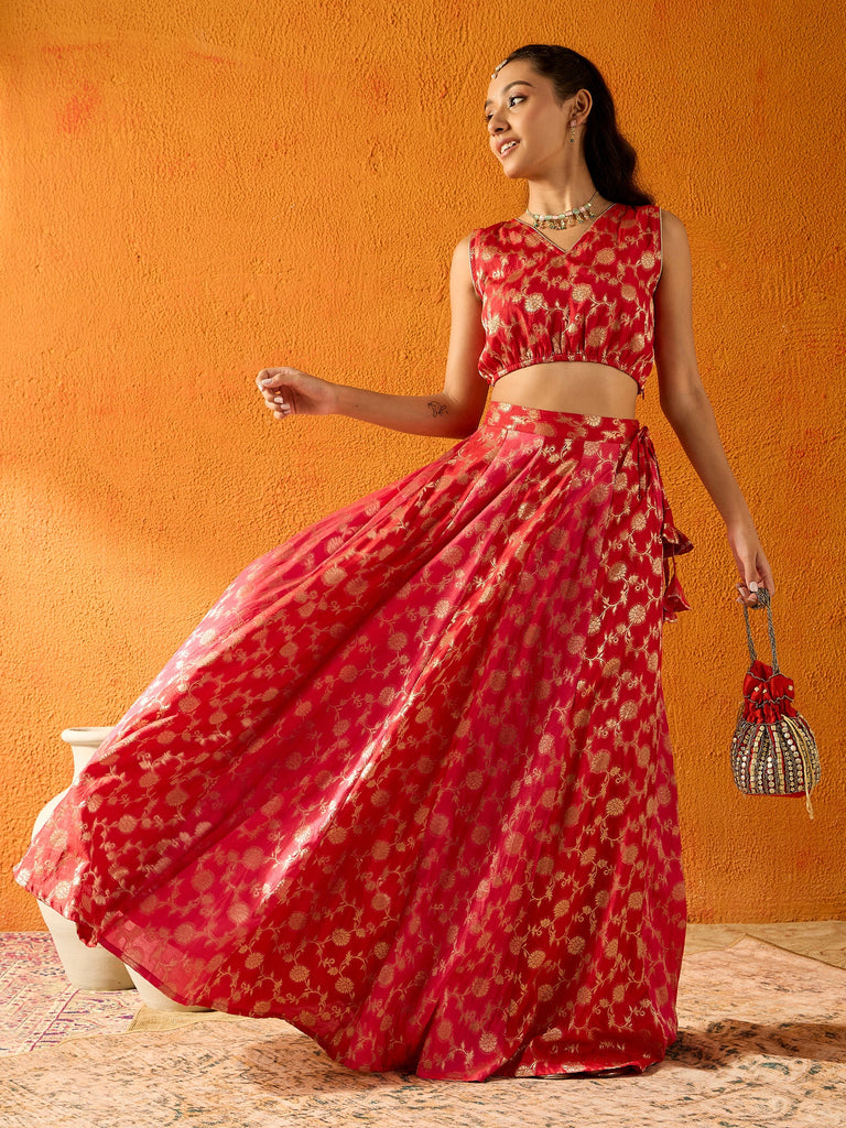 Girl's Red Crop Top Lehenga Set