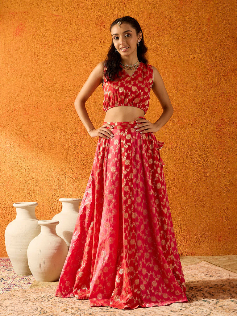 Girl's Red Crop Top Lehenga Set