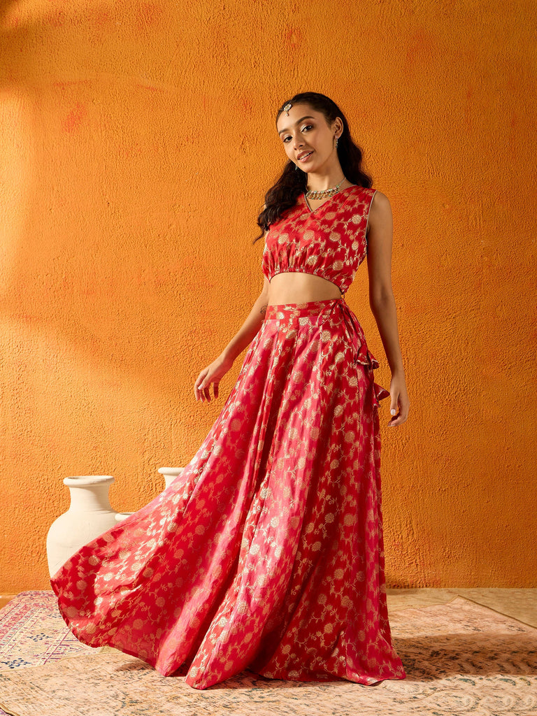Girl's Red Crop Top Lehenga Set