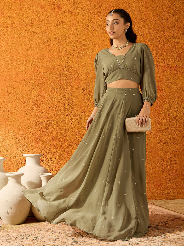 Girl's Olive Embroidered Lehenga Set