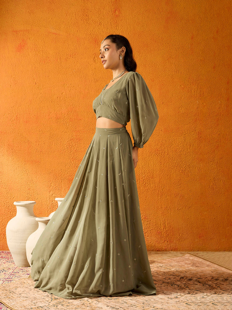 Girl's Olive Embroidered Lehenga Set