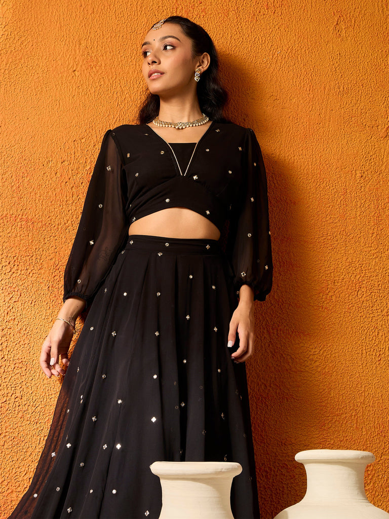 Girl's Black Embroidered Lehenga Set