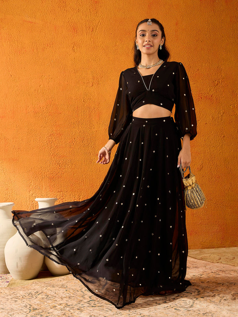 Girl's Black Embroidered Lehenga Set