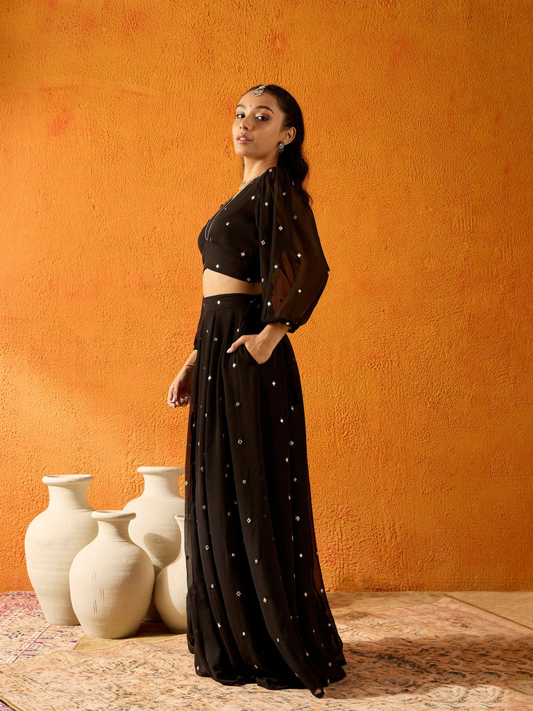 Girl's Black Embroidered Lehenga Set