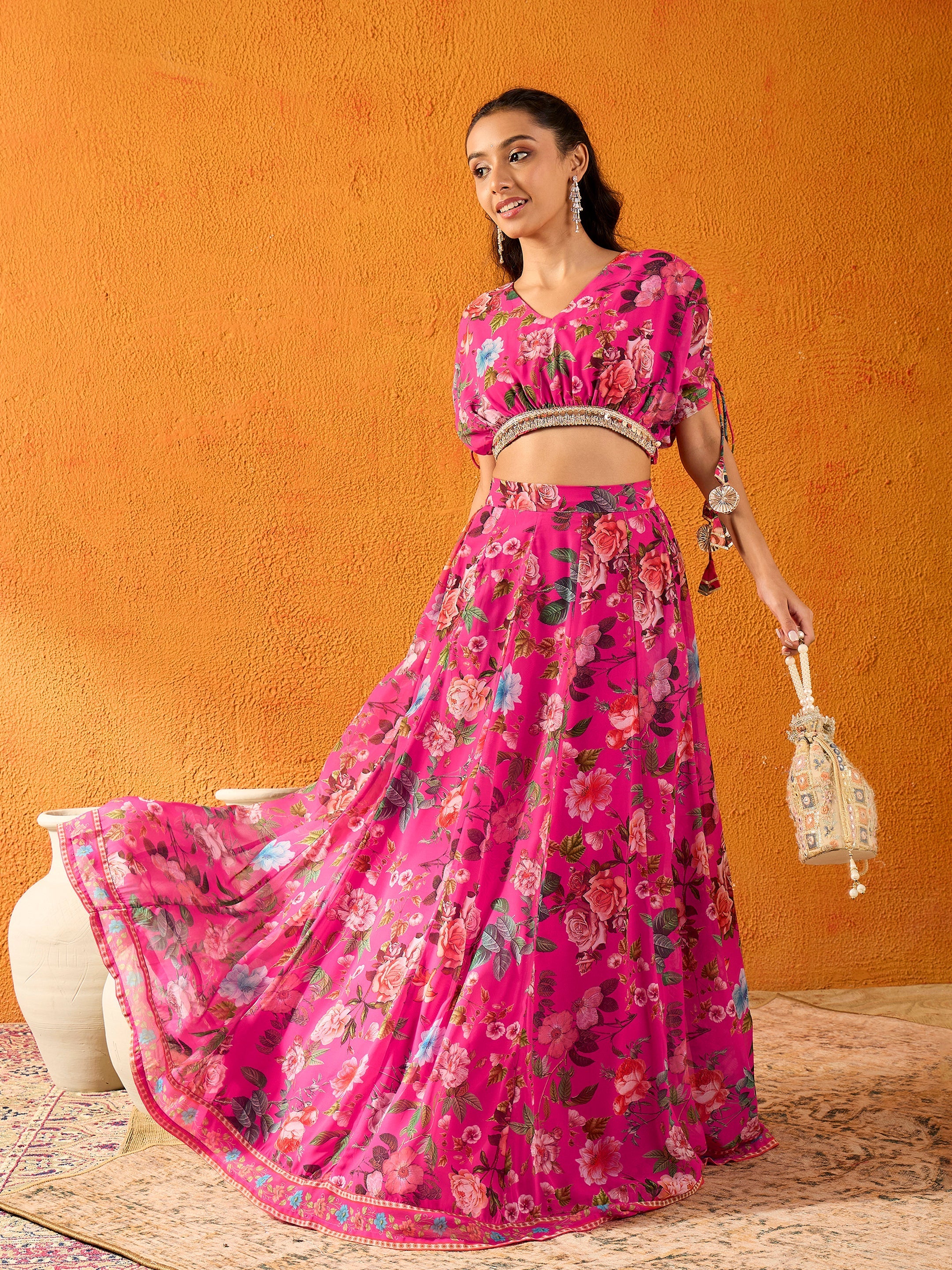 Girl's Fuchsia Floral Lehenga Set - Sassafras Kids