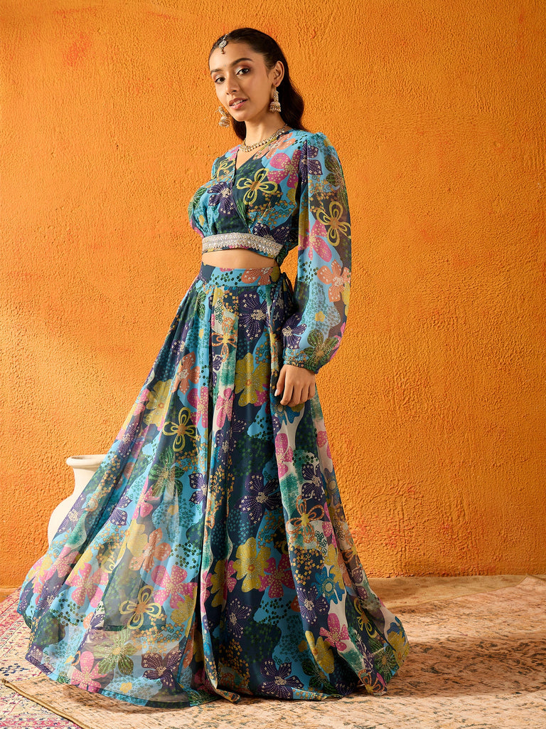 Girl's Blue Floral Lehenga Set