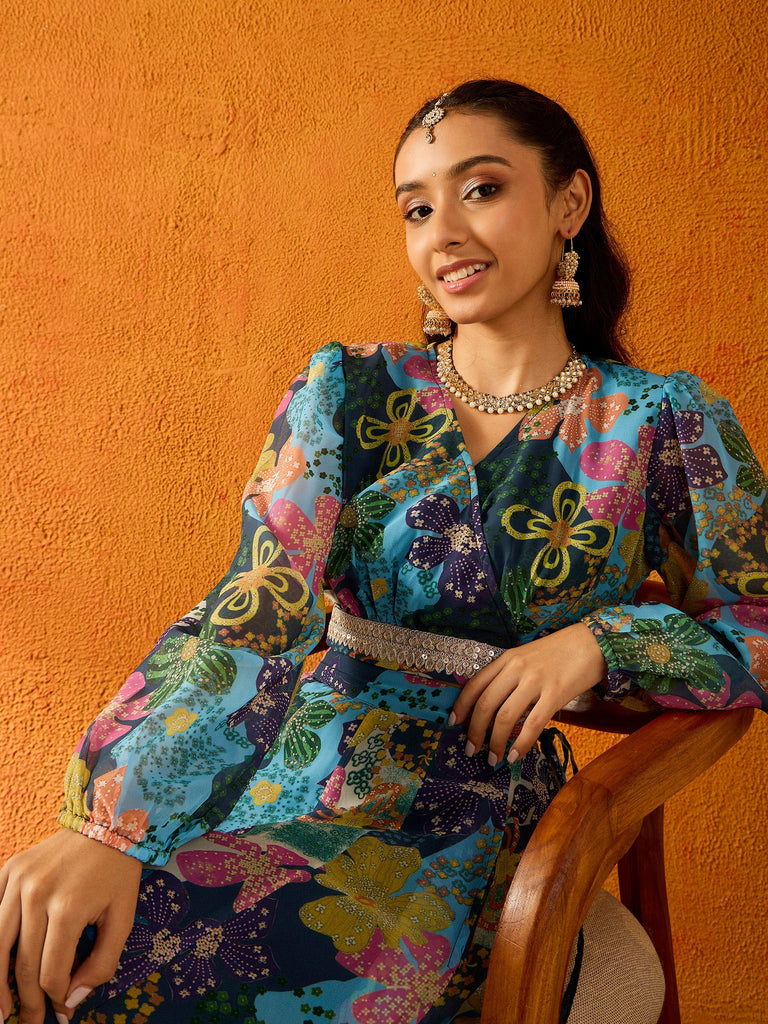 Girl's Blue Floral Lehenga Set