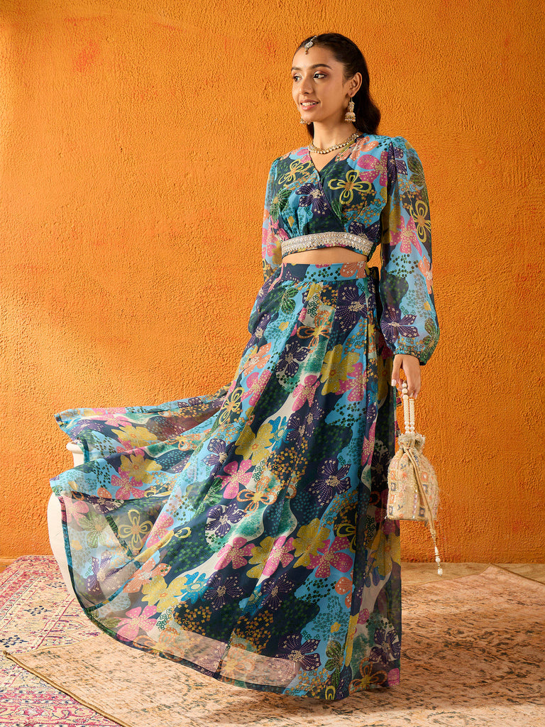 Girl's Blue Floral Lehenga Set
