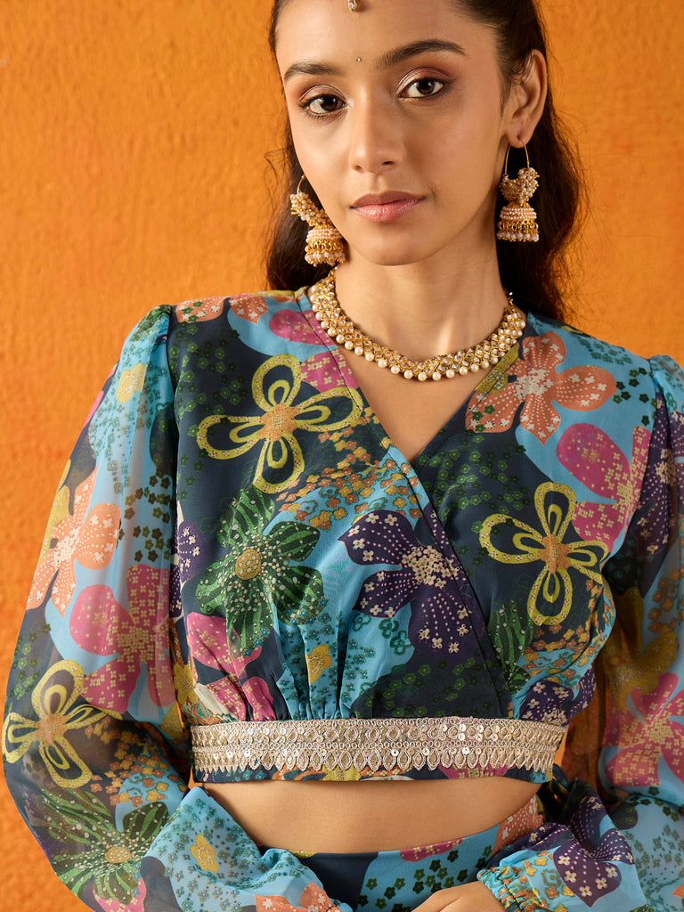 Girl's Blue Floral Lehenga Set