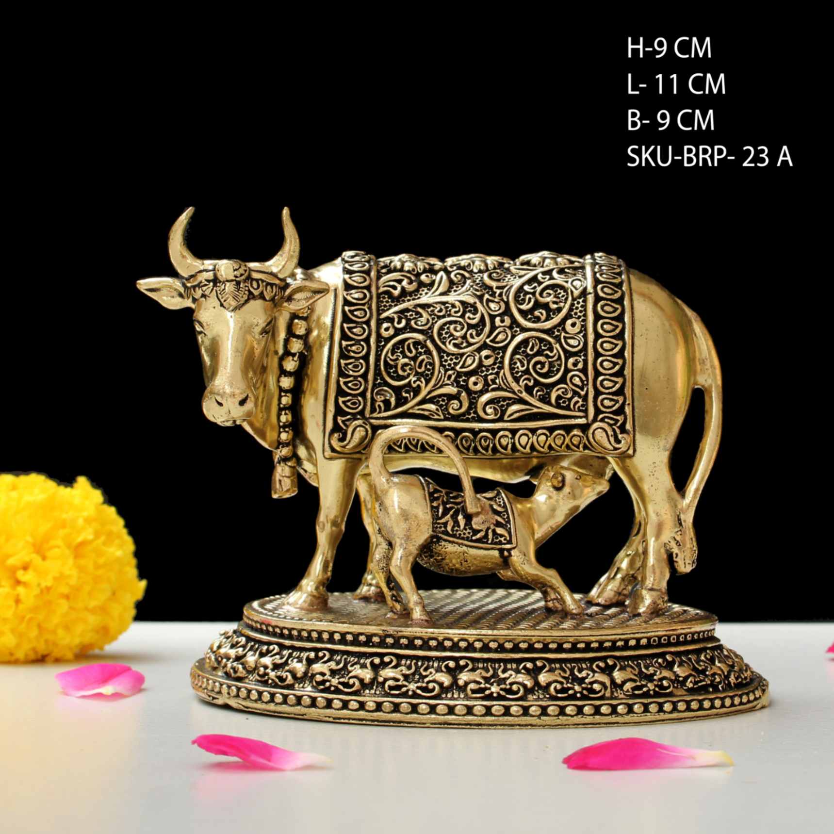 Brass Kamdhenu Cow & Calf Figurine – 3.5 Inch