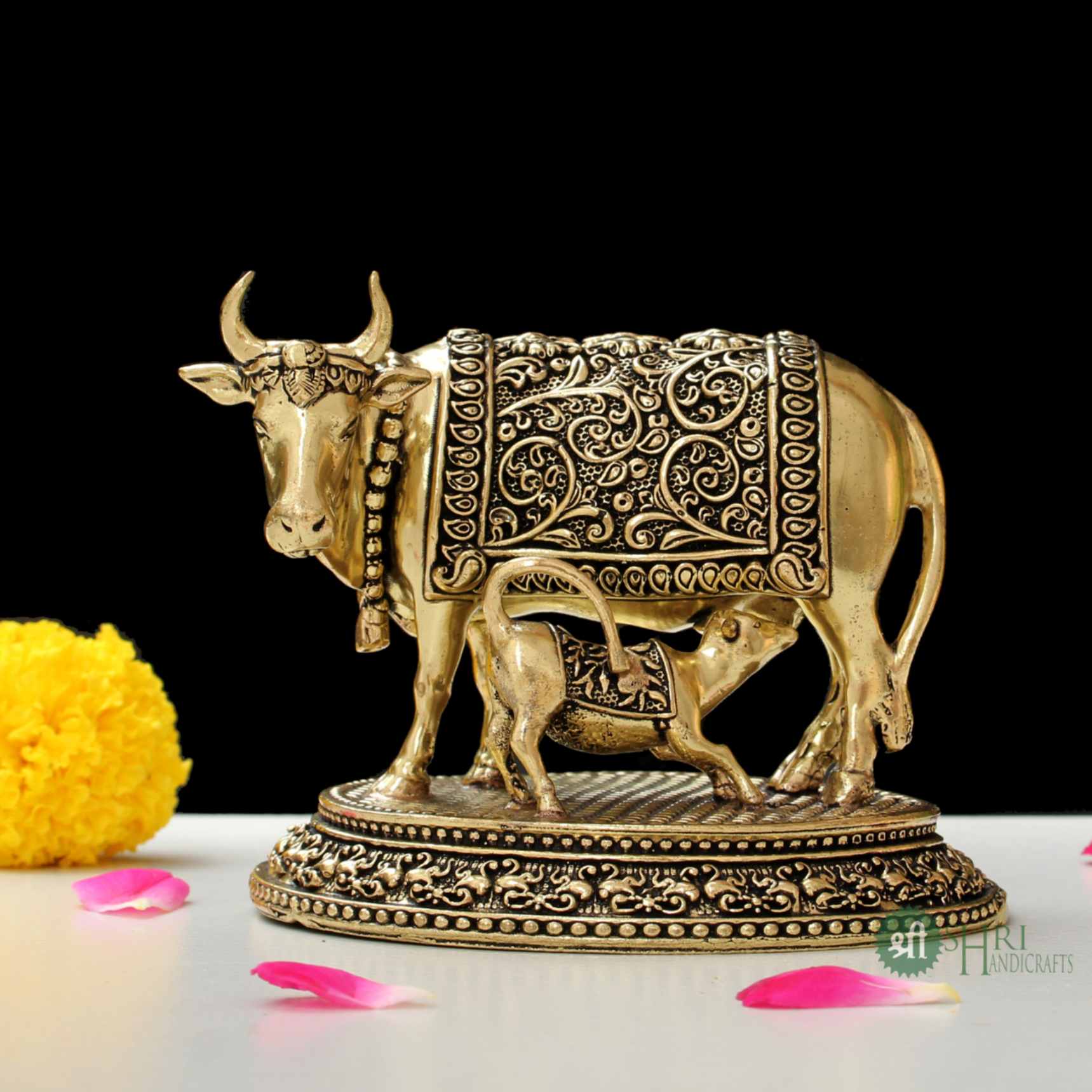 Brass Kamdhenu Cow & Calf Figurine – 3.5 Inch