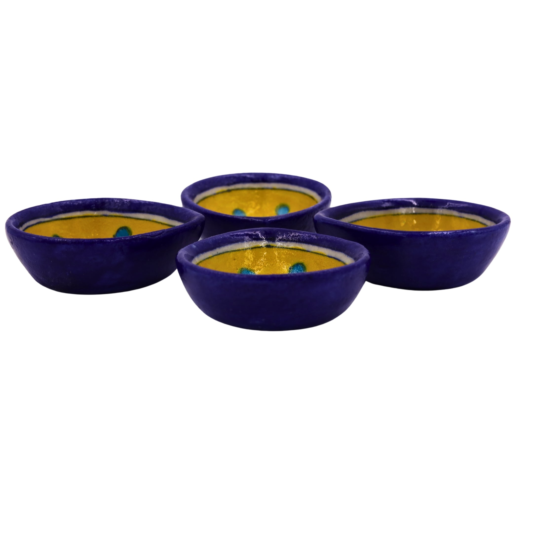 Set of 4 Blue Pottery Royal Blue and Yellow color Diyas - Natriel