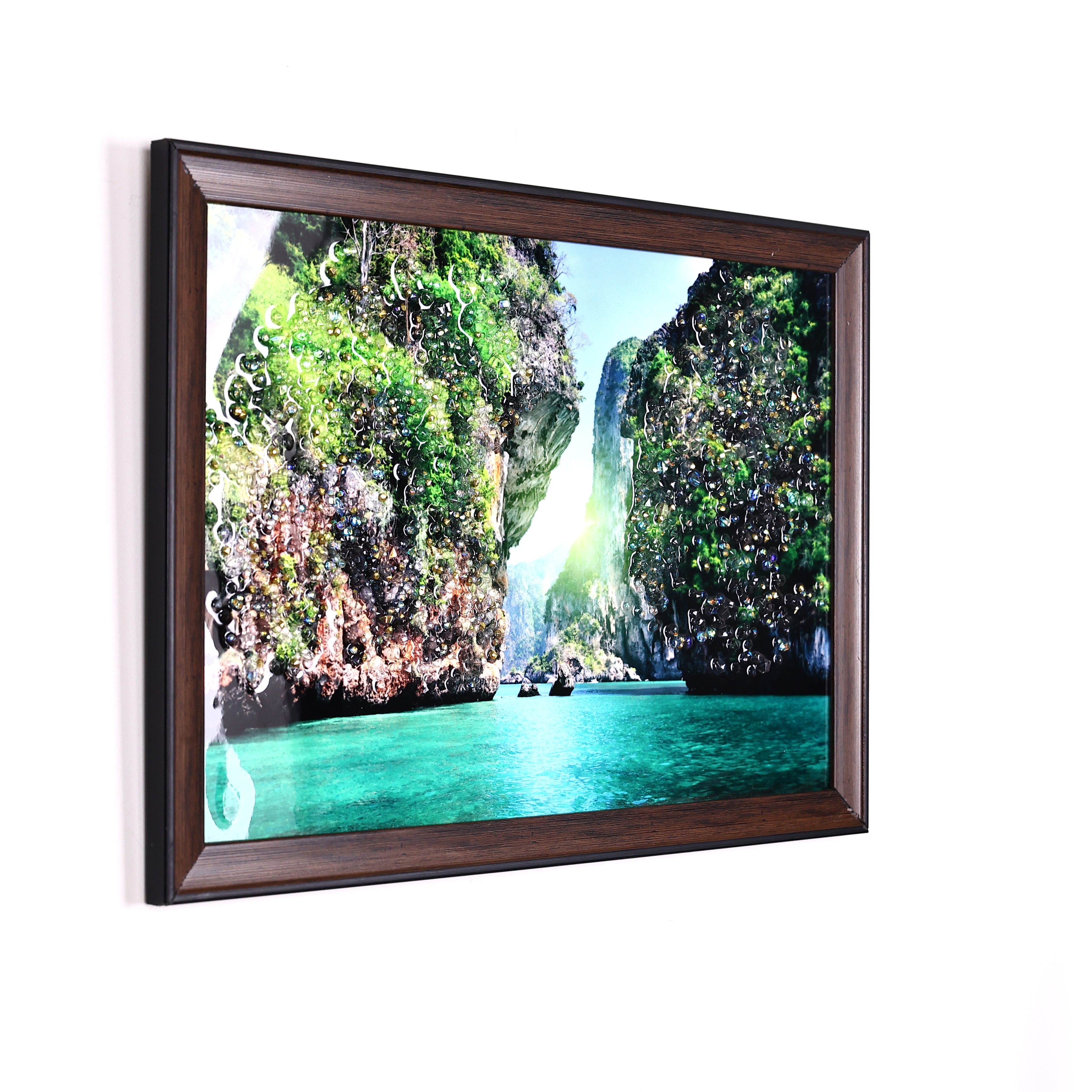 Nature Inspired Crystal Embellished Waterfall Scenery Resin Wall Painting