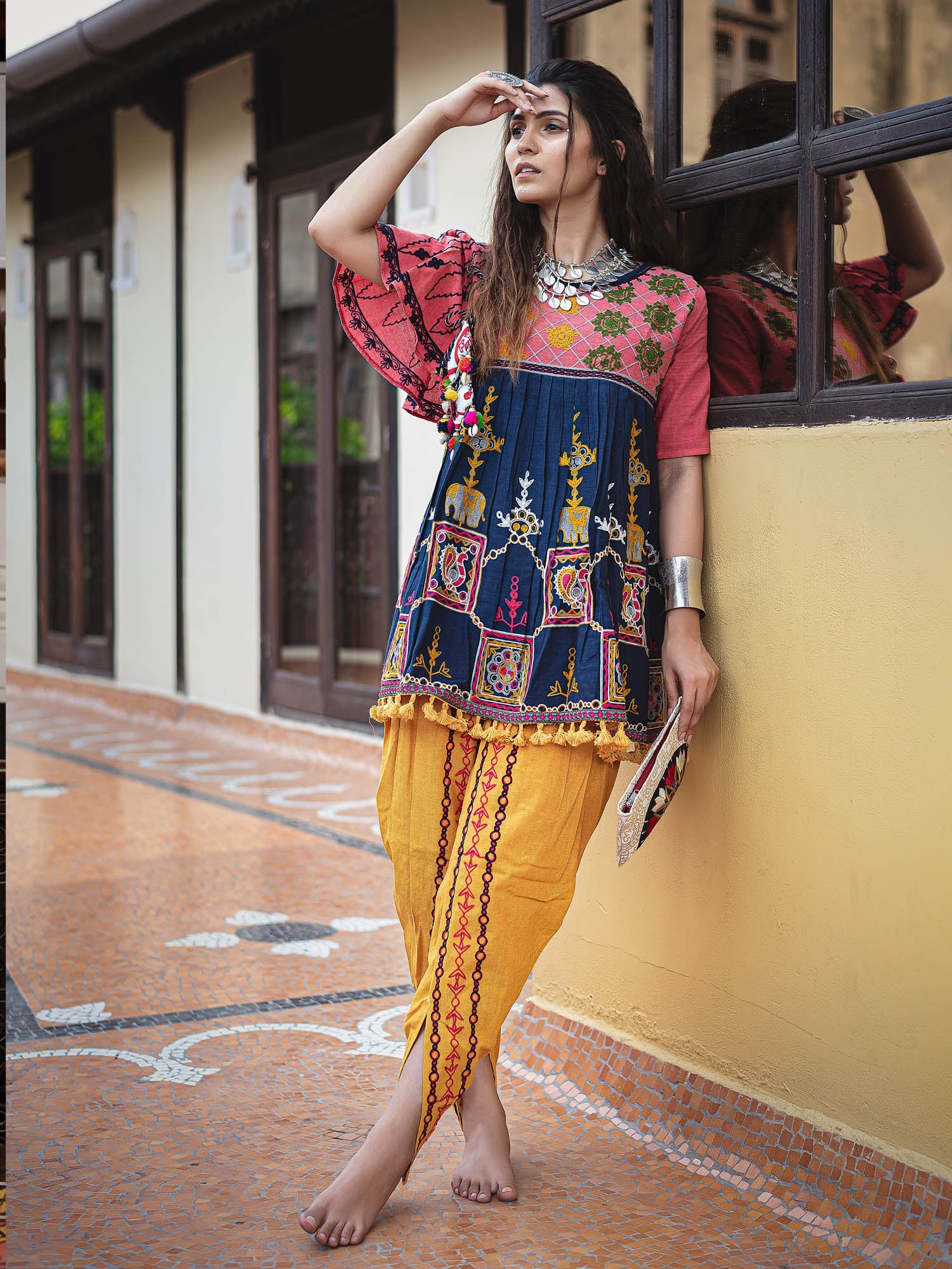 Women's Navy blue Embroidered kedia With one side umbrella sleeve andtulip pants set