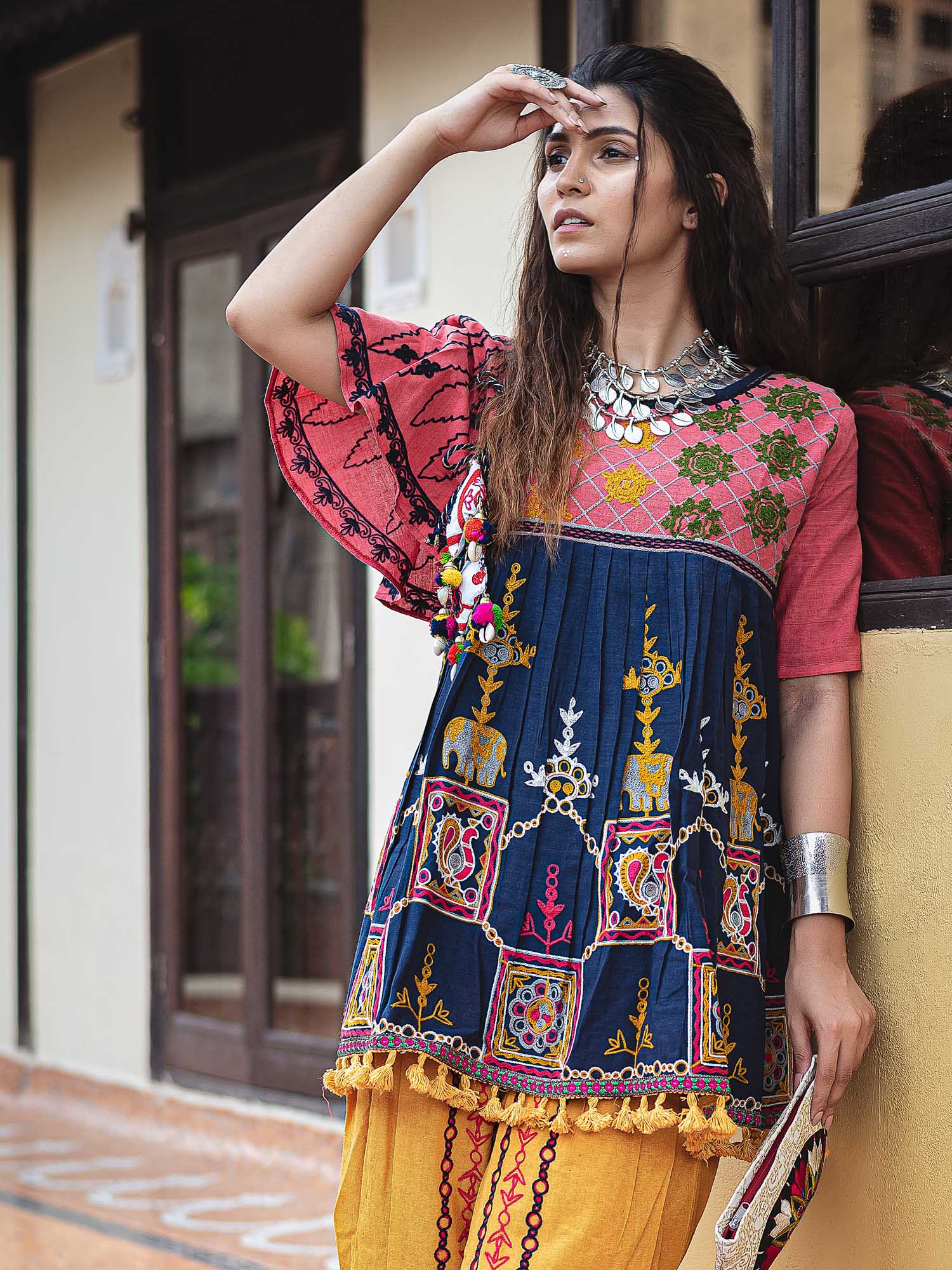 Women's Navy blue Embroidered kedia With one side umbrella sleeve andtulip pants set