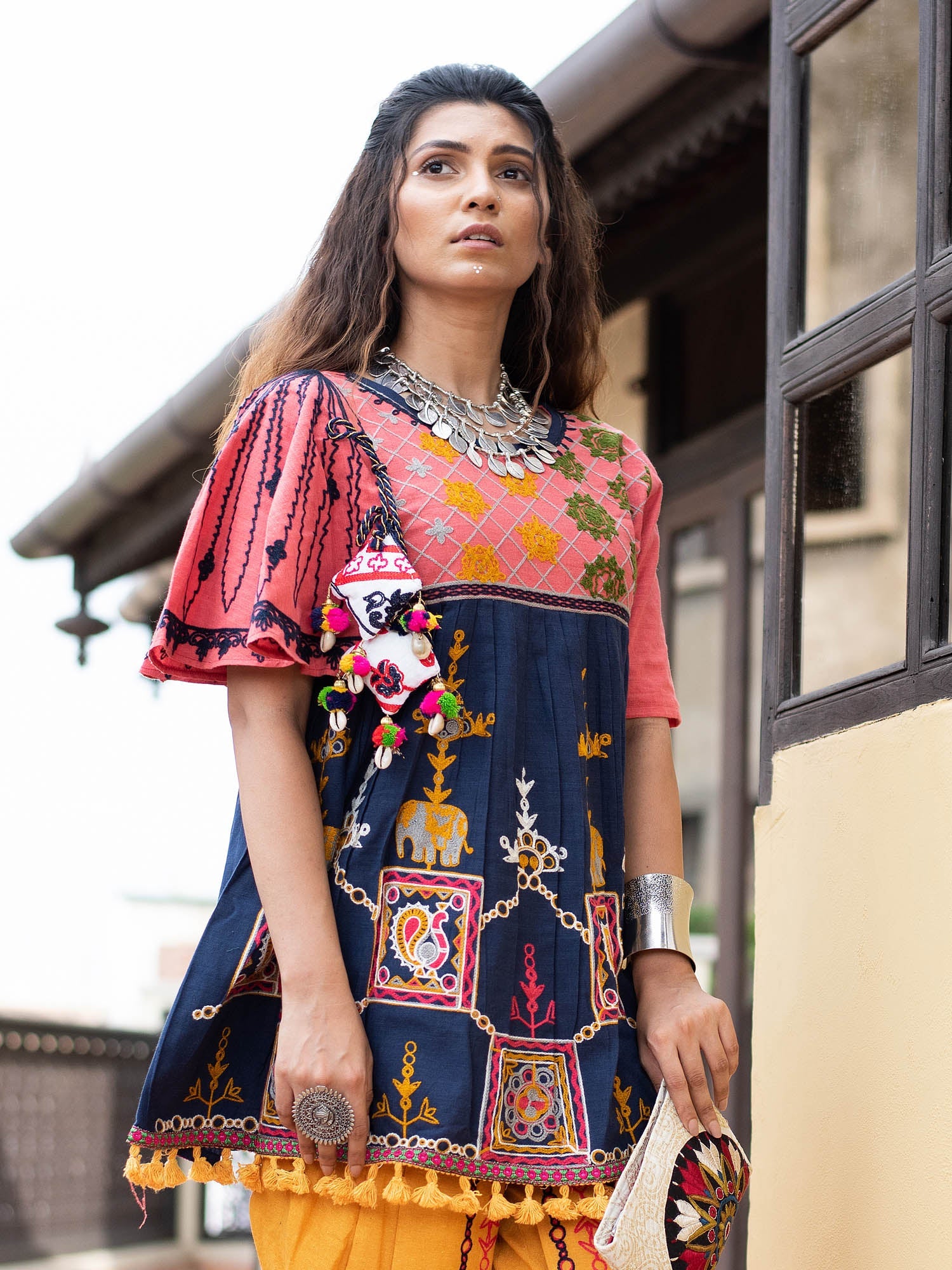Women's Navy blue Embroidered kedia With one side umbrella sleeve andtulip pants set