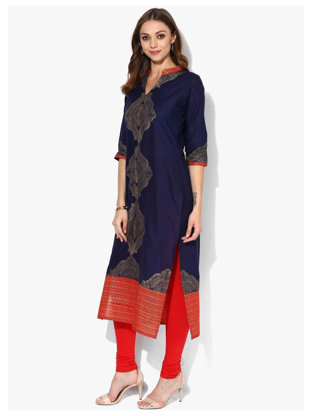 Women's Indigo And Golden Ajrakh Hand Block Cotton Printed Straight Kurta