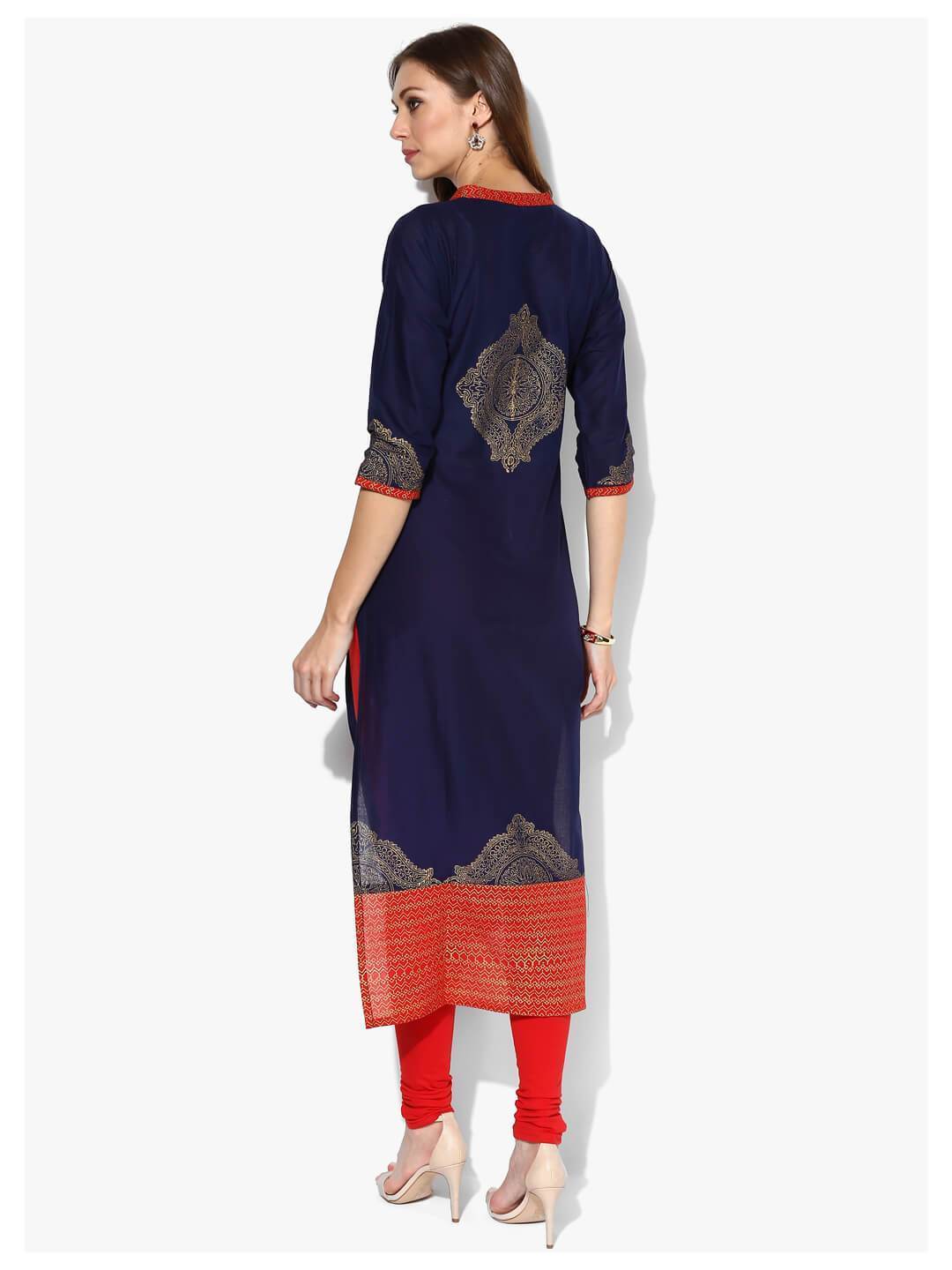 Women's Indigo And Golden Ajrakh Hand Block Cotton Printed Straight Kurta