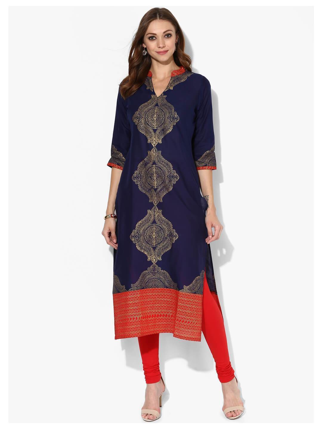 Women's Indigo And Golden Ajrakh Hand Block Cotton Printed Straight Kurta