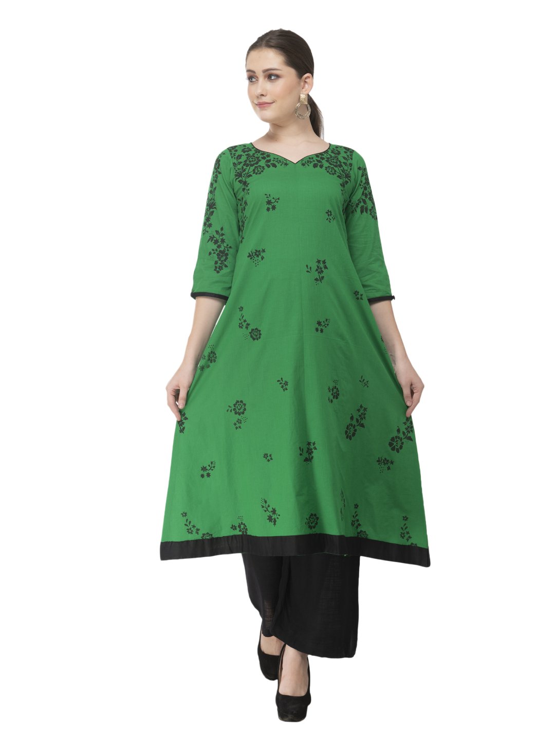Women's Green & Black Minimal Cotton Anarkali With Ajrakh Hand Block Print - Noz2Toz USA