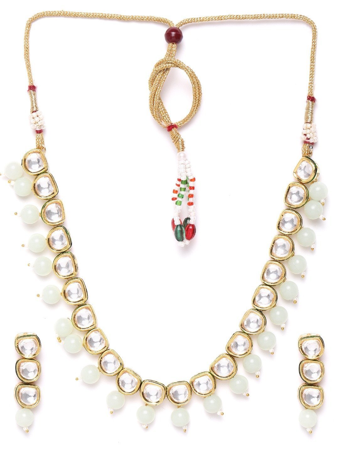 Women's Mint Green Pearls Kundan Gold Plated Jewellery Set