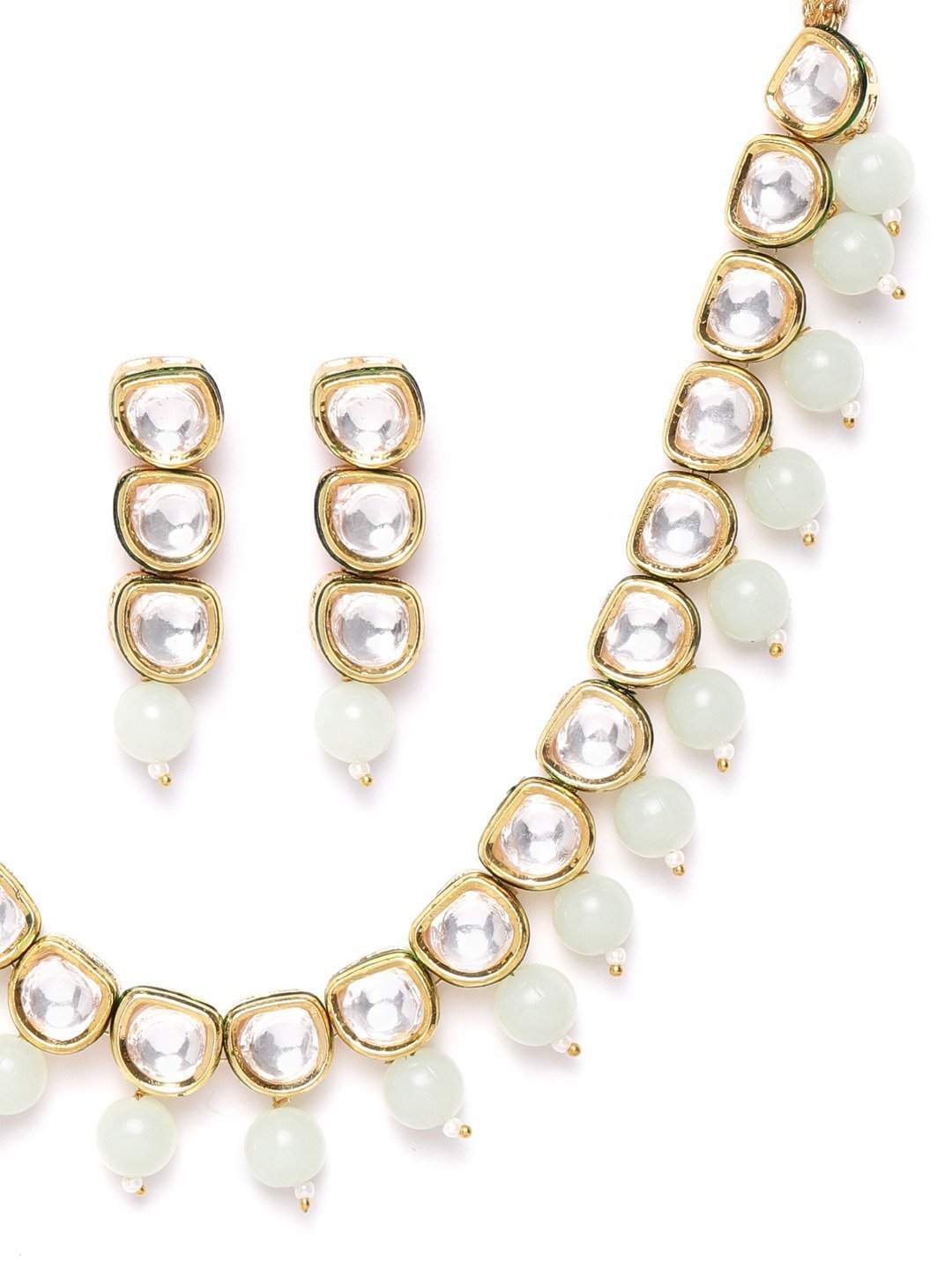 Women's Mint Green Pearls Kundan Gold Plated Jewellery Set