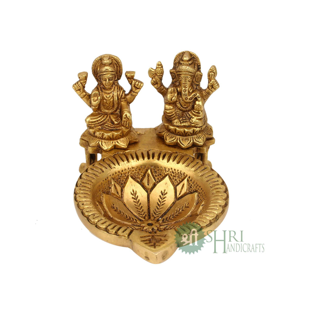 4" Brass Ganesh Laxmi Deepak | Handcrafted Brass Diya for Puja