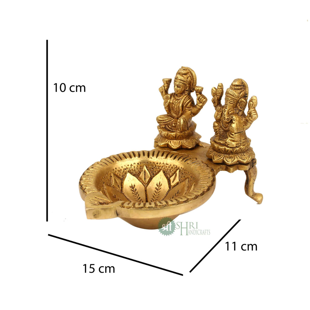 4" Brass Ganesh Laxmi Deepak | Handcrafted Brass Diya for Puja