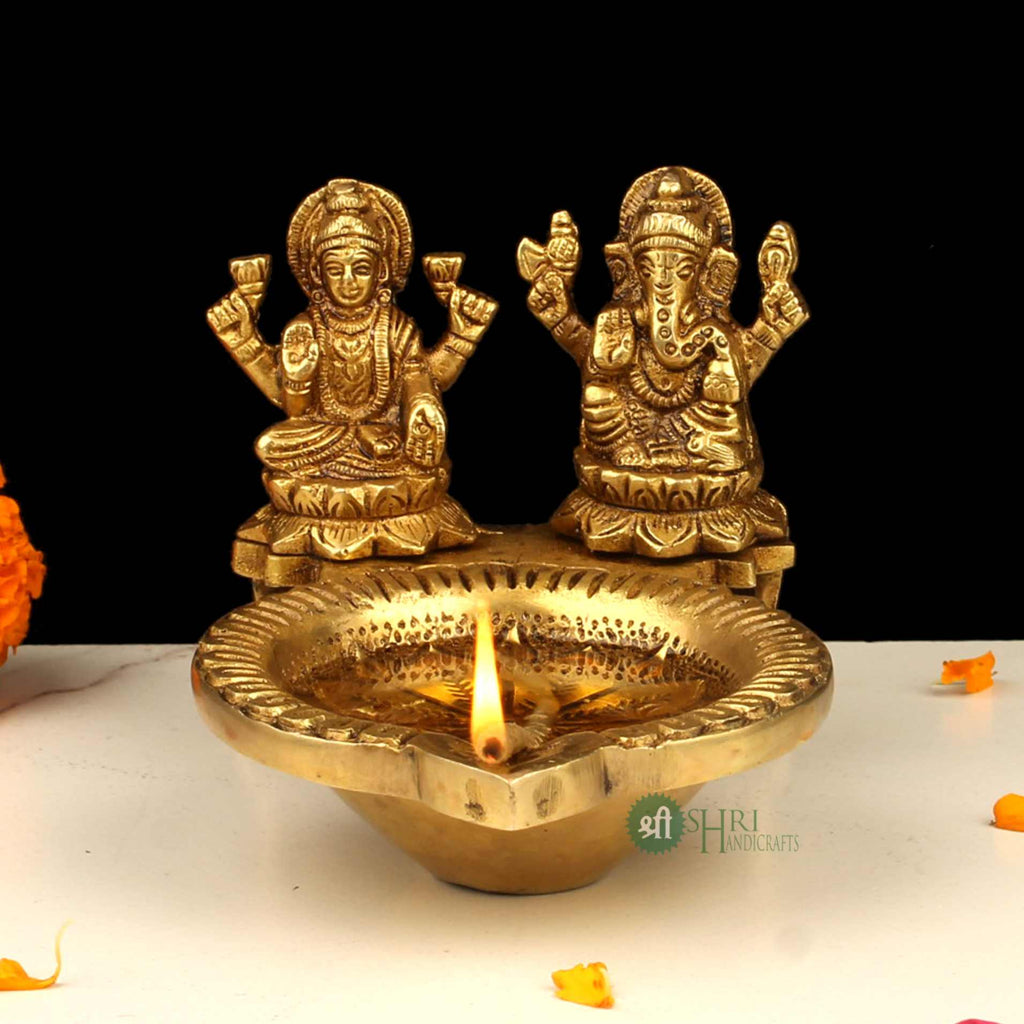 4" Brass Ganesh Laxmi Deepak | Handcrafted Brass Diya for Puja