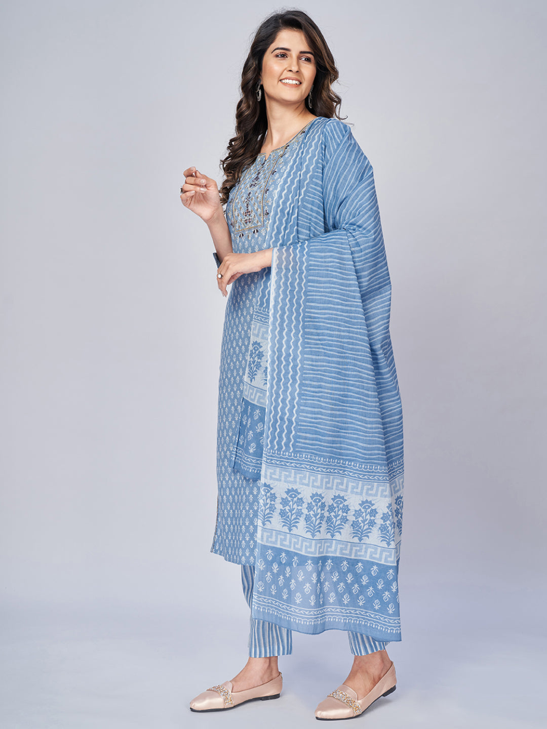 Women's Printed & Embroidered Straight Cotton Sky Blue Kurta Pant With Dupatta (3Pcs Set)