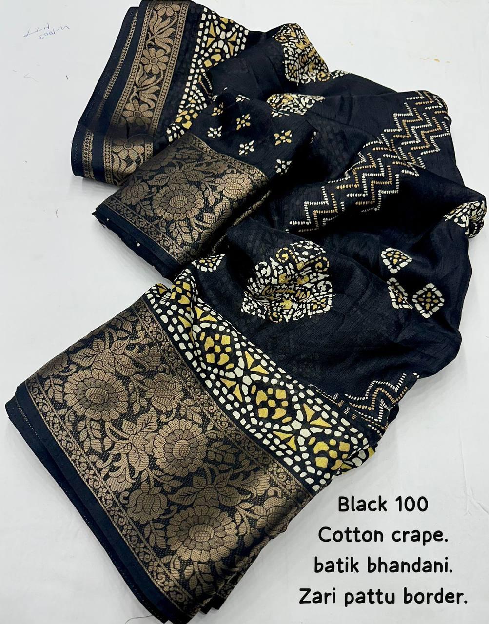 Women's Black Soft Cotton Crape Saree With Blouse - A2M