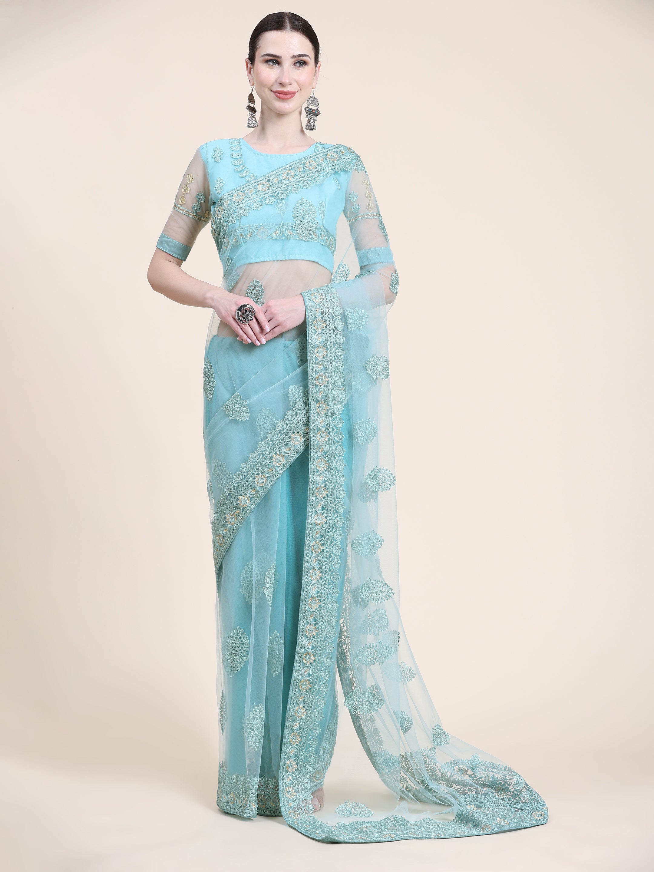 Women's Self Color Thread Embroidery Paty Wear Contemporary Net Saree With Blouse Piece (Aqua Blue) - NIMIDHYA