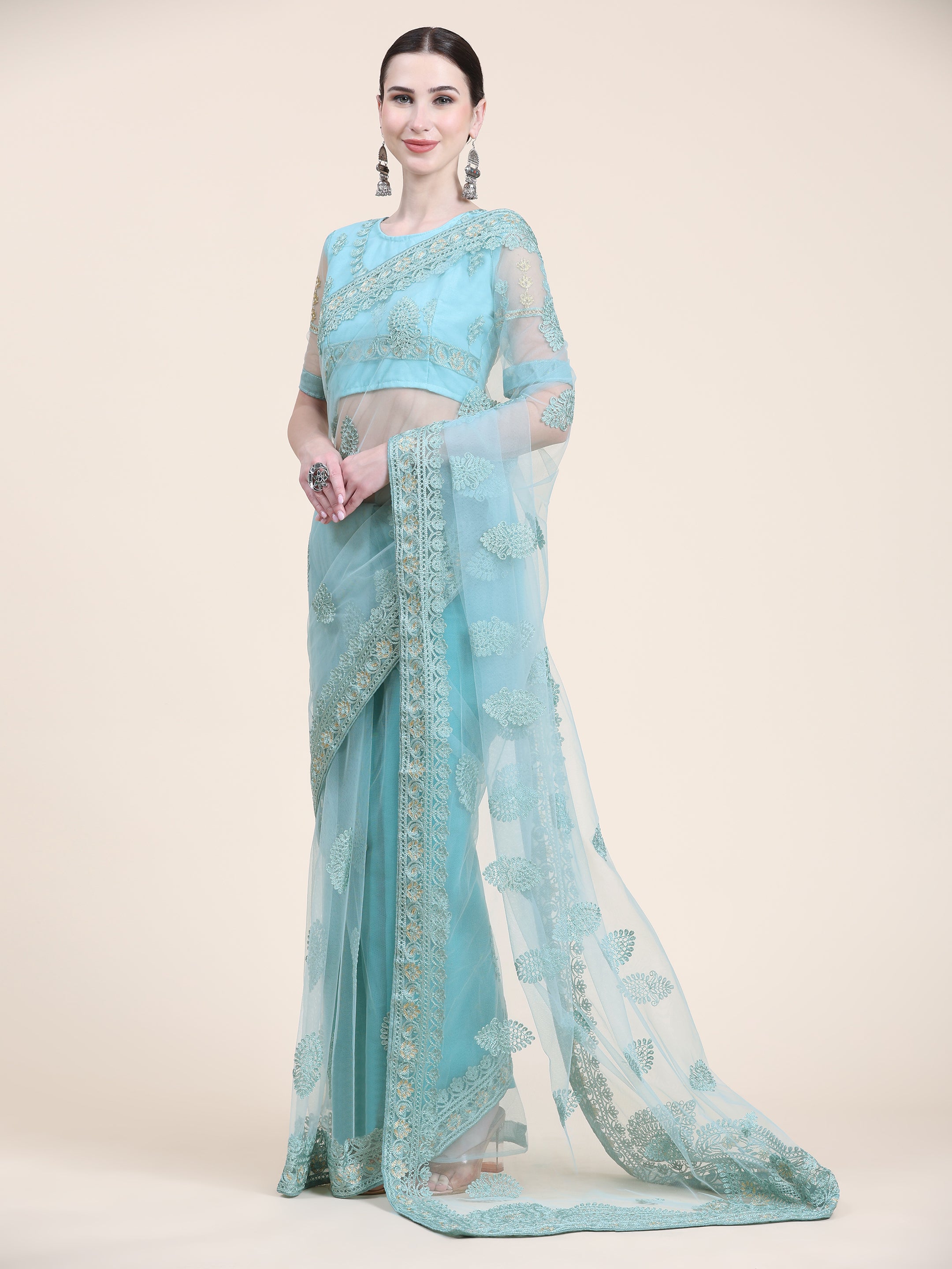 Women's Self Color Thread Embroidery Paty Wear Contemporary Net Saree With Blouse Piece (Aqua Blue) - NIMIDHYA