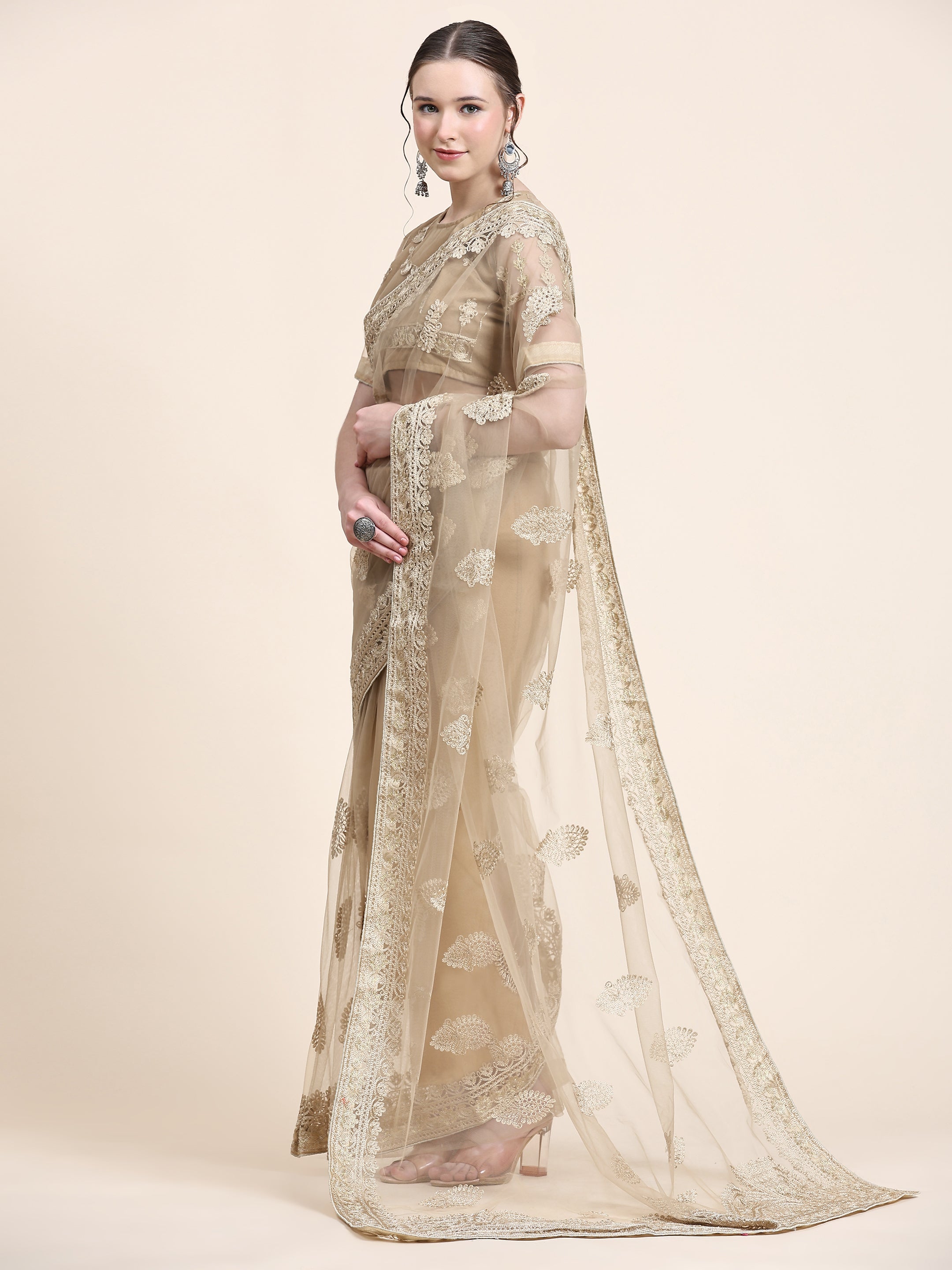 Women's Self Color Thread Embroidery Paty Wear Contemporary Net Saree With Blouse Piece (Beige) - NIMIDHYA