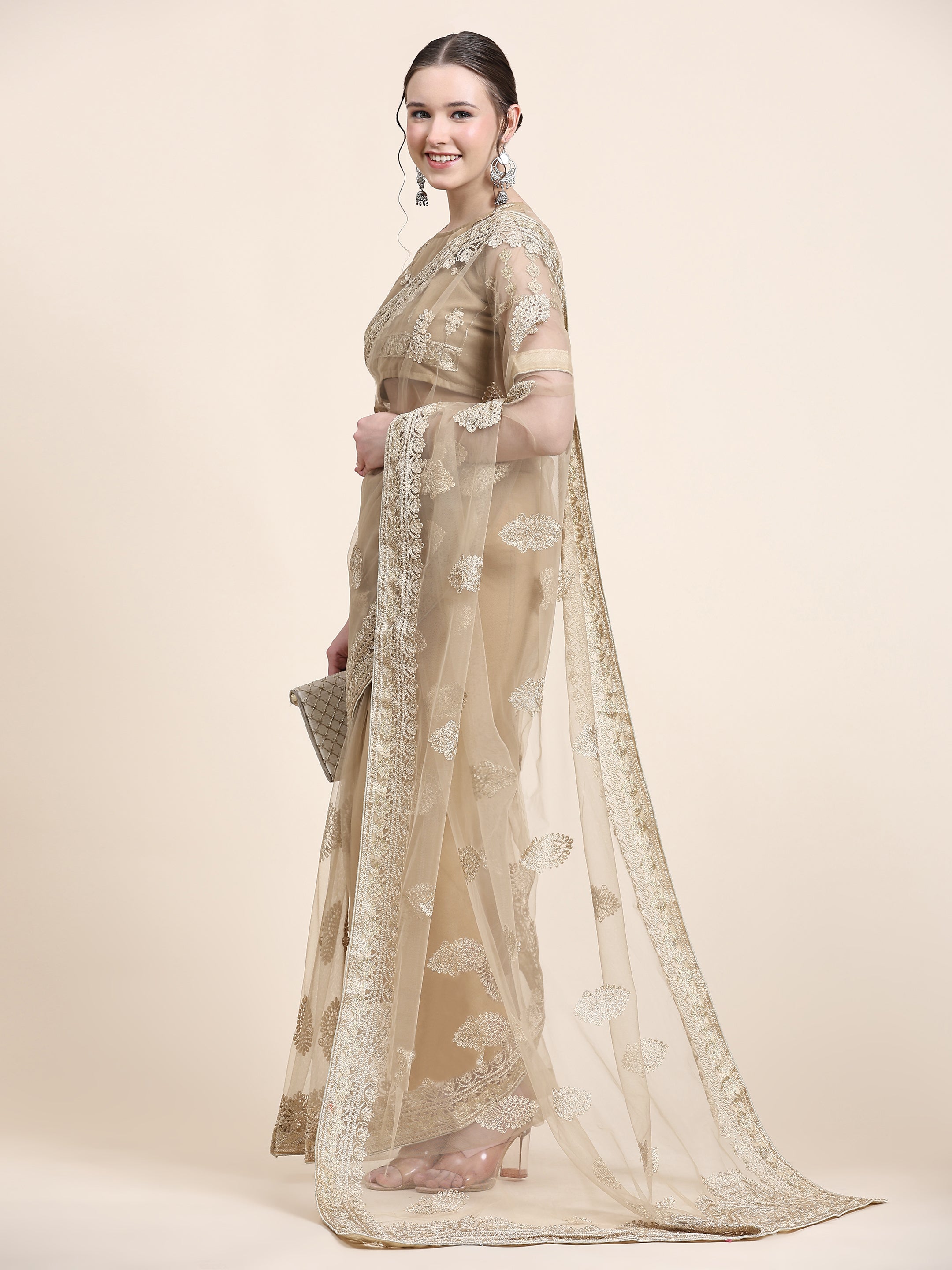 Women's Self Color Thread Embroidery Paty Wear Contemporary Net Saree With Blouse Piece (Beige) - NIMIDHYA