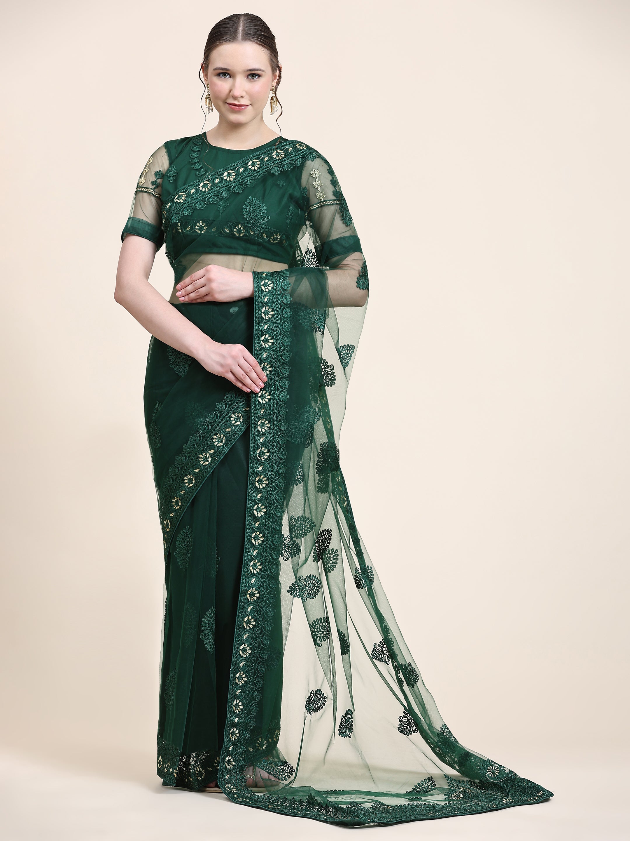 Women's Self Color Thread Embroidery Paty Wear Contemporary Net Saree With Blouse Piece (Dark Green) - NIMIDHYA