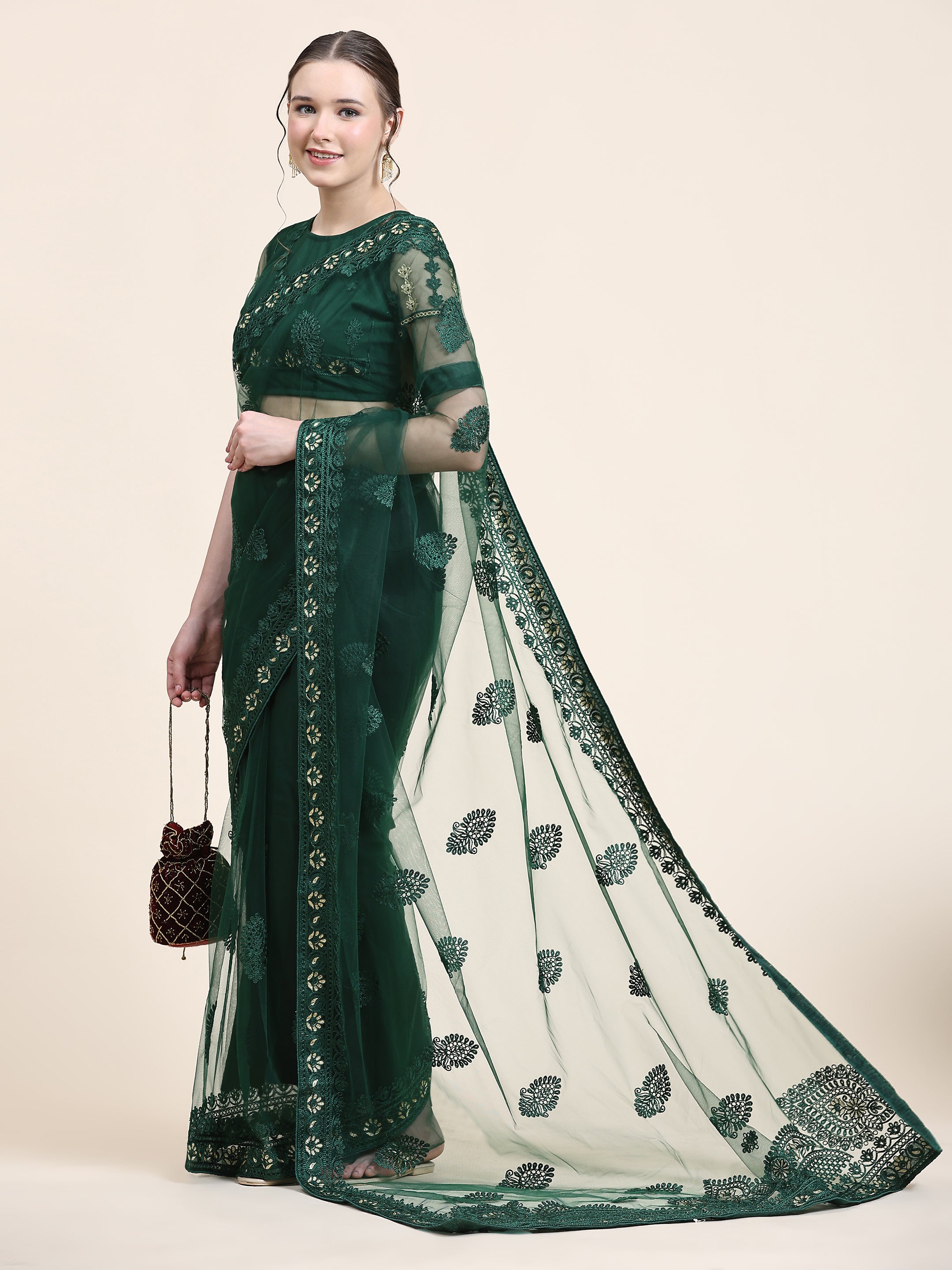 Women's Self Color Thread Embroidery Paty Wear Contemporary Net Saree With Blouse Piece (Dark Green) - NIMIDHYA