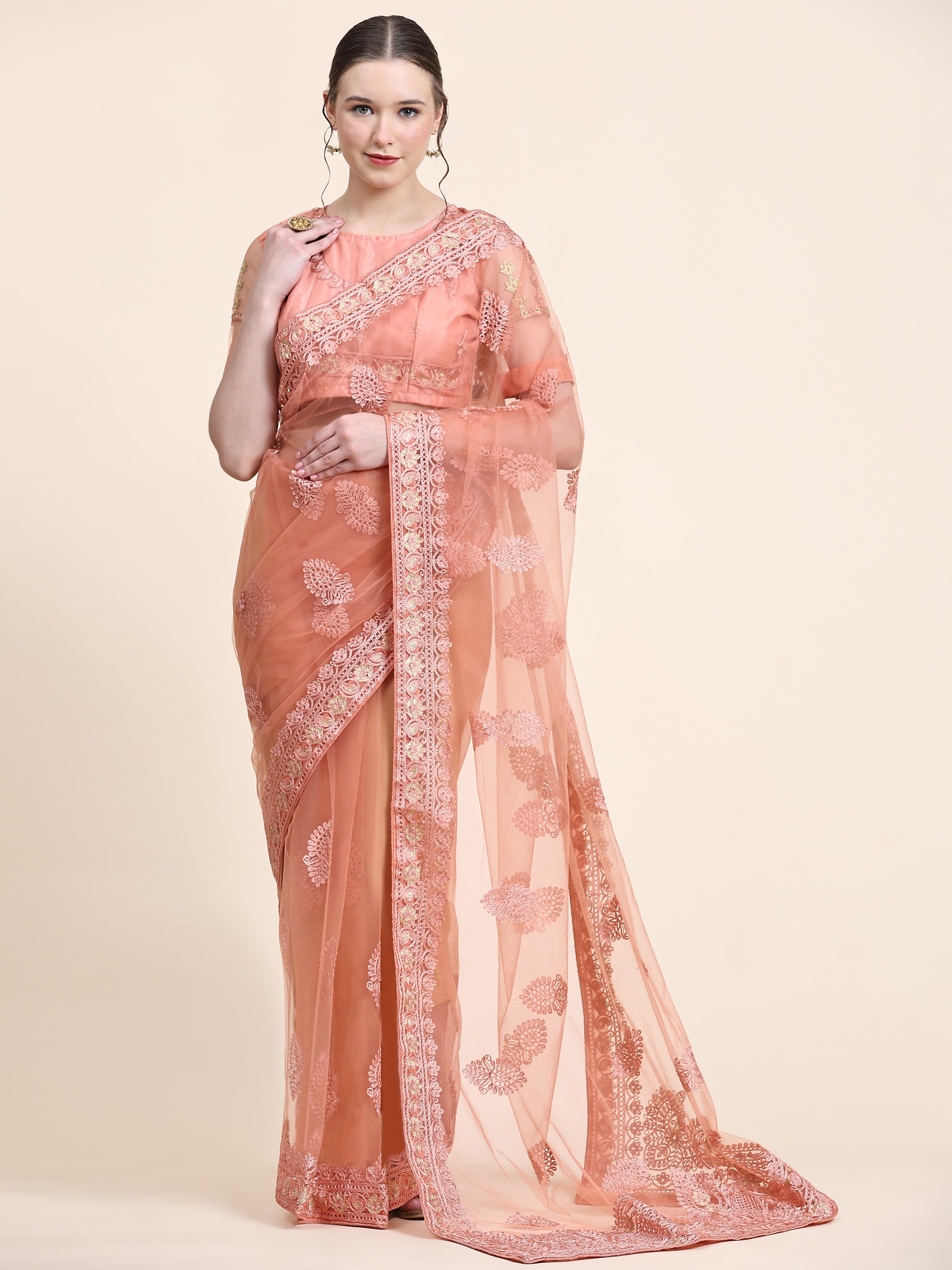 Women's Self Color Thread Embroidery Paty Wear Contemporary Net Saree With Blouse Piece (Peach) - NIMIDHYA