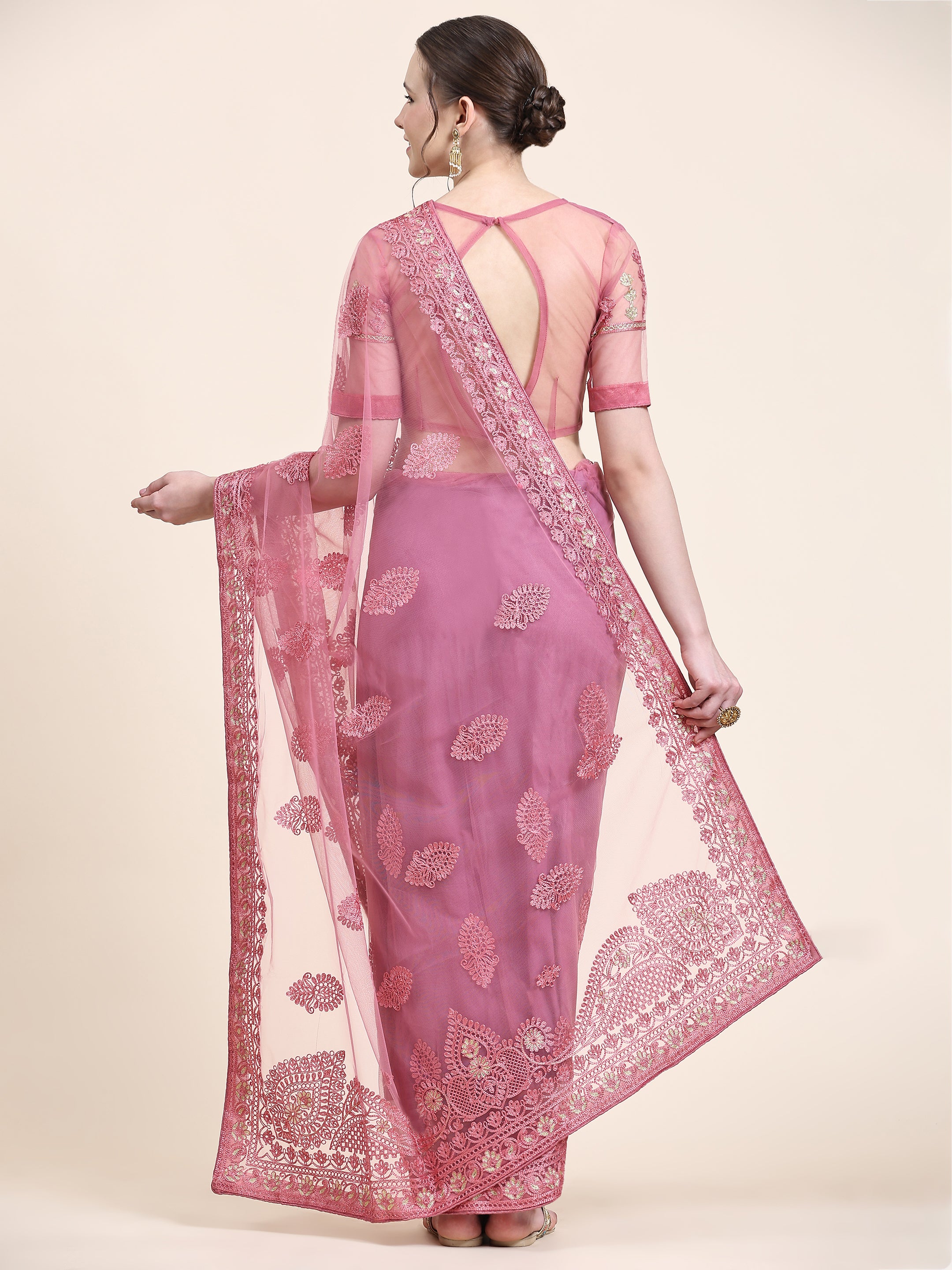 Women's Self Color Thread Embroidery Paty Wear Contemporary Net Saree With Blouse Piece (Pink) - NIMIDHYA