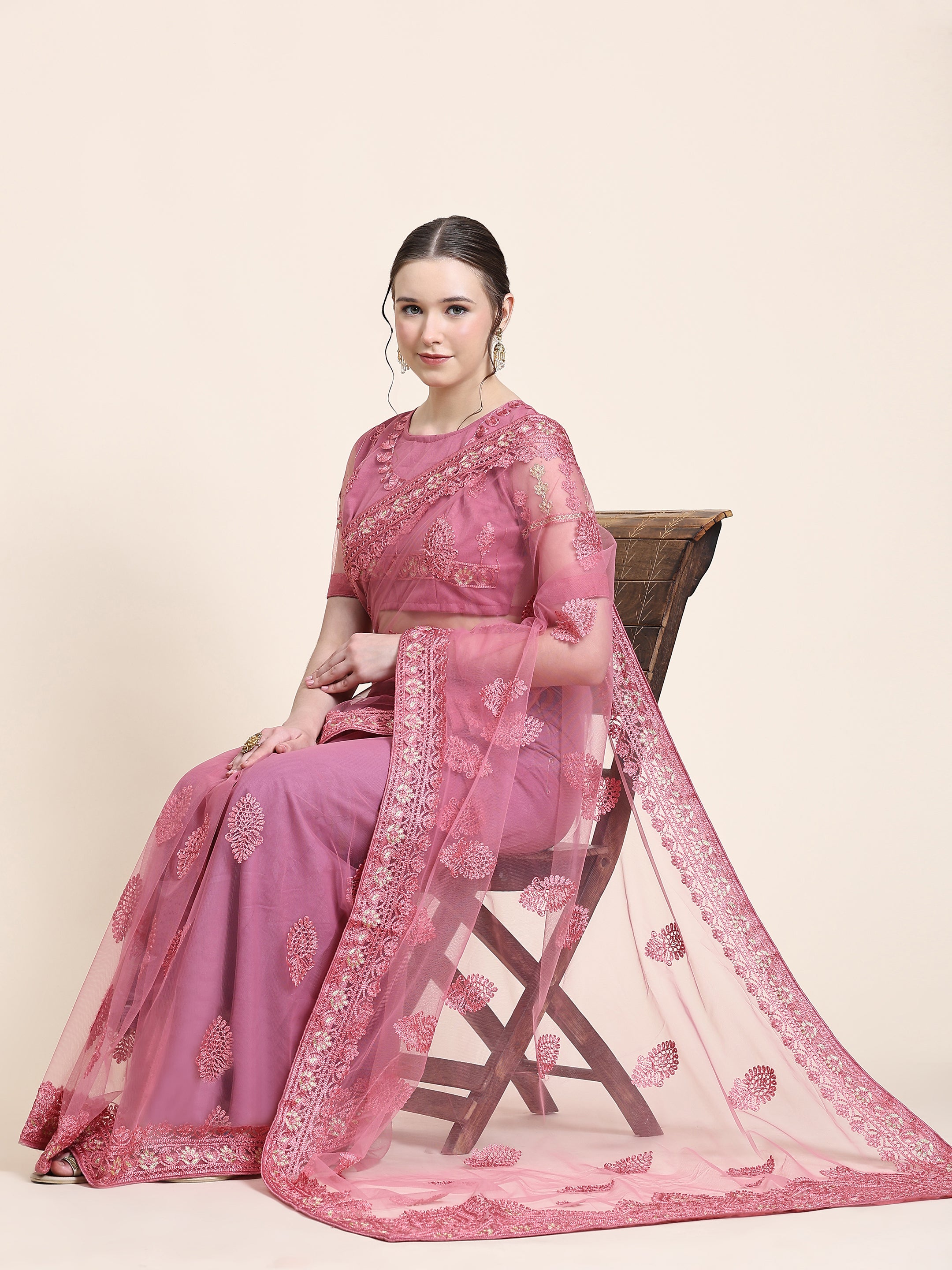 Women's Self Color Thread Embroidery Paty Wear Contemporary Net Saree With Blouse Piece (Pink) - NIMIDHYA