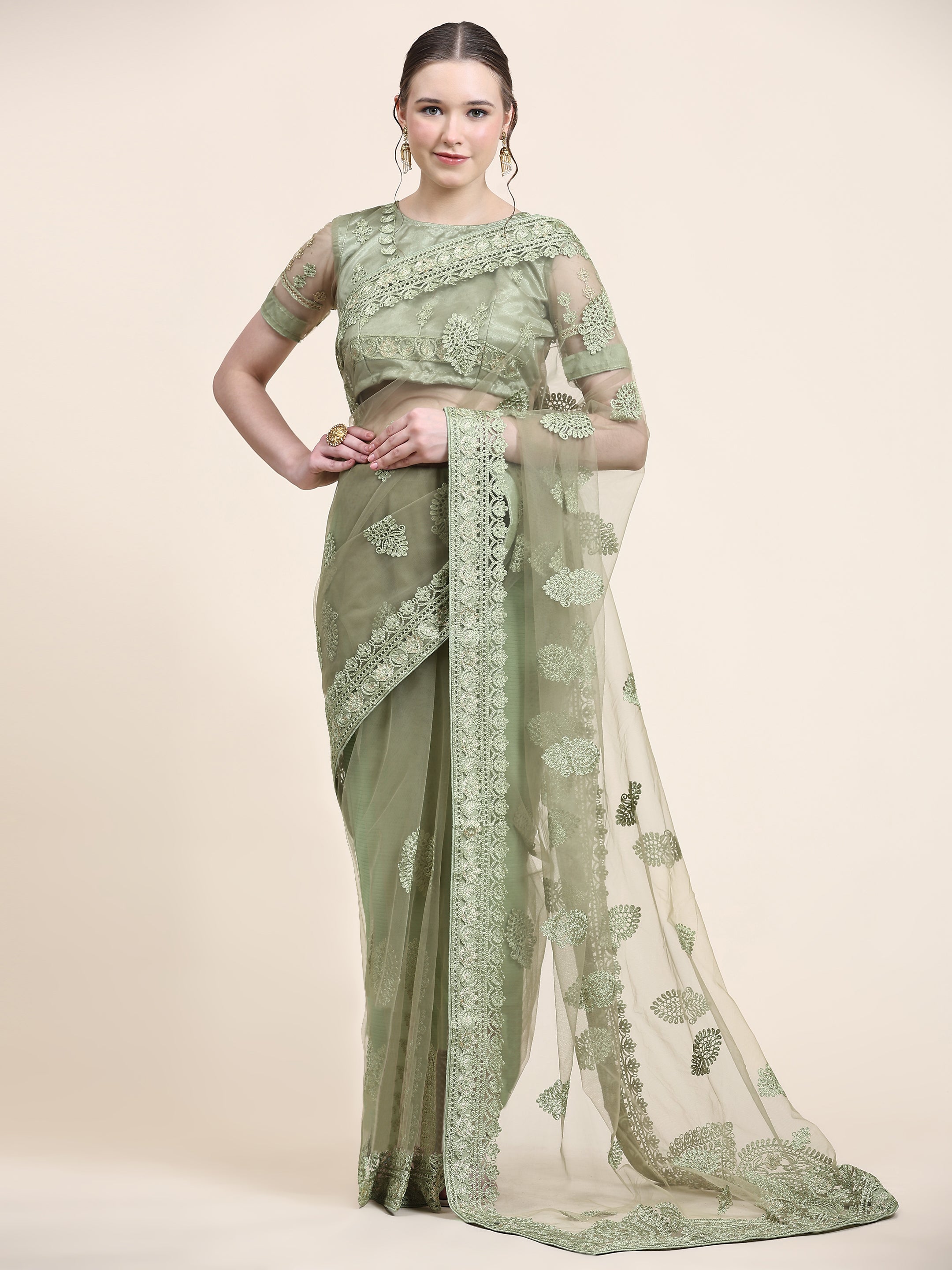 Women's Self Color Thread Embroidery Paty Wear Contemporary Net Saree With Blouse Piece (Pista) - NIMIDHYA