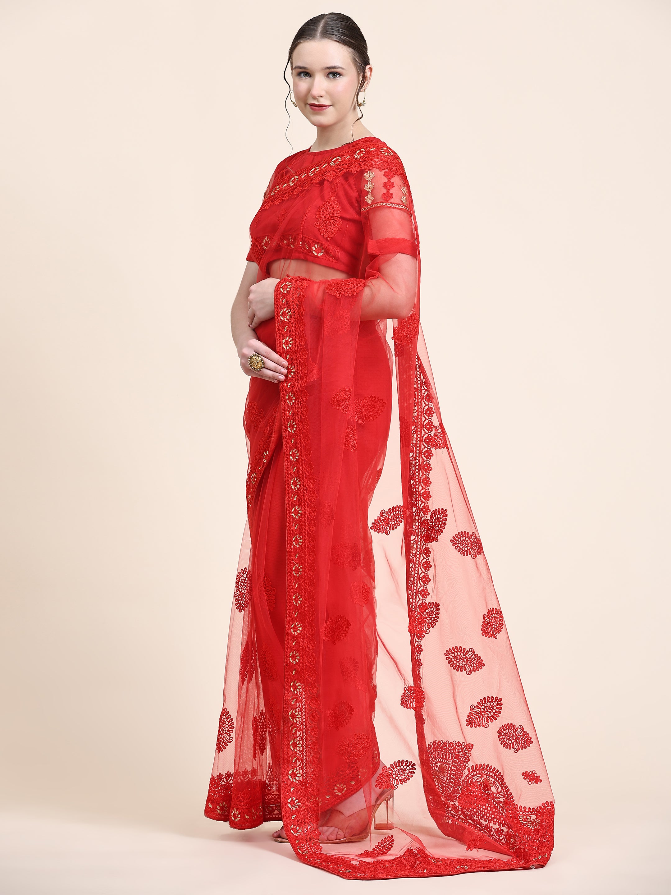 Women's Self Color Thread Embroidery Paty Wear Contemporary Net Saree With Blouse Piece (Red) - NIMIDHYA