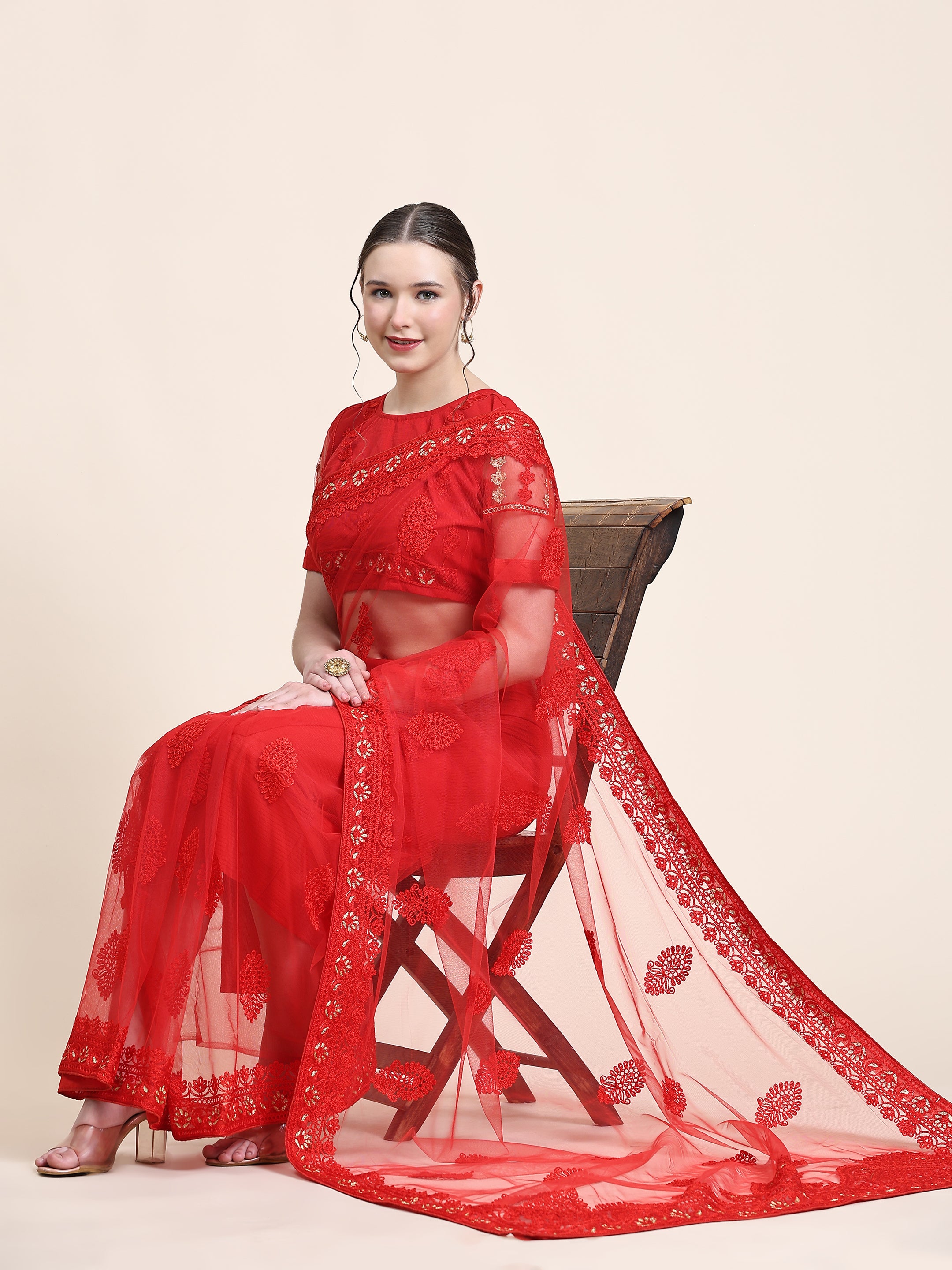 Women's Self Color Thread Embroidery Paty Wear Contemporary Net Saree With Blouse Piece (Red) - NIMIDHYA
