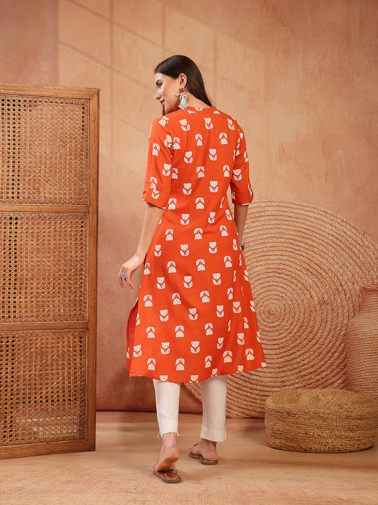 Women's Orange Floral Printed Rayon A-Line Kurta