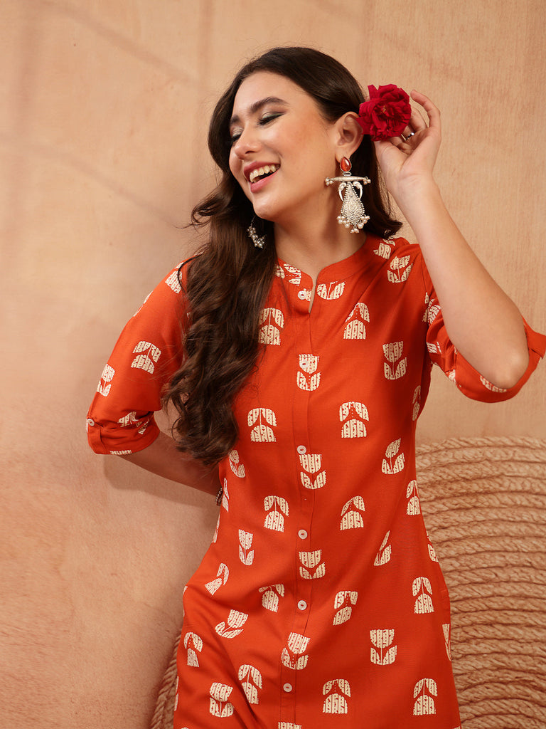 Women's Orange Floral Printed Rayon A-Line Kurta