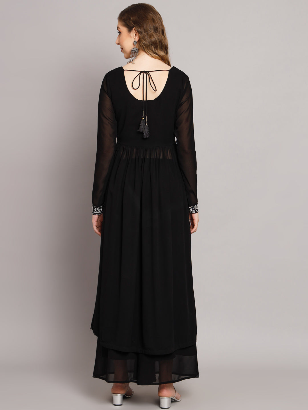 Women's Black georgette Aari work A-Line Kurta with Sharara
