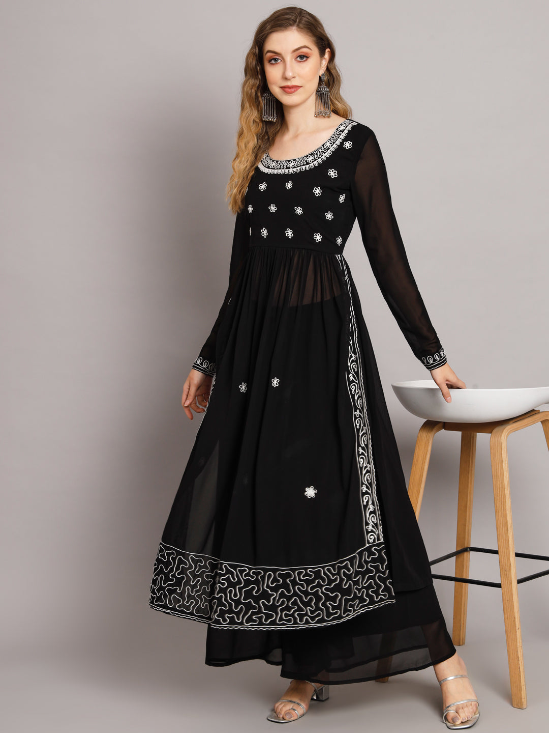 Women's Black georgette Aari work A-Line Kurta with Sharara